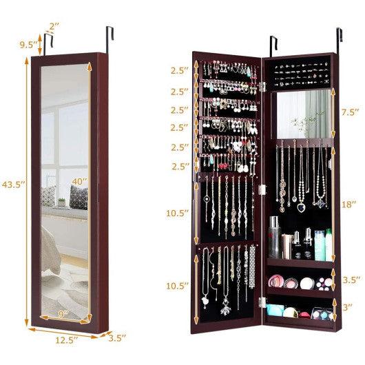 Full Length Mirror Jewelry Cabinet with Ring Slots and Necklace Hooks-Dark Brown at Set Shop and Smile