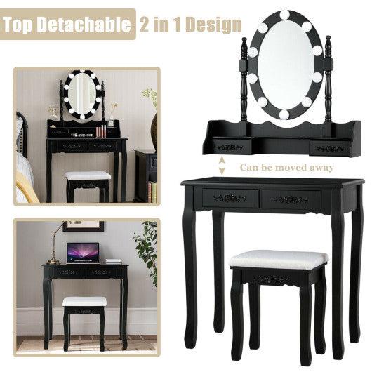 Makeup Dressing Table with Touch Switch Lighted Mirror and Cushioned Stool-Black at Set Shop and Smile