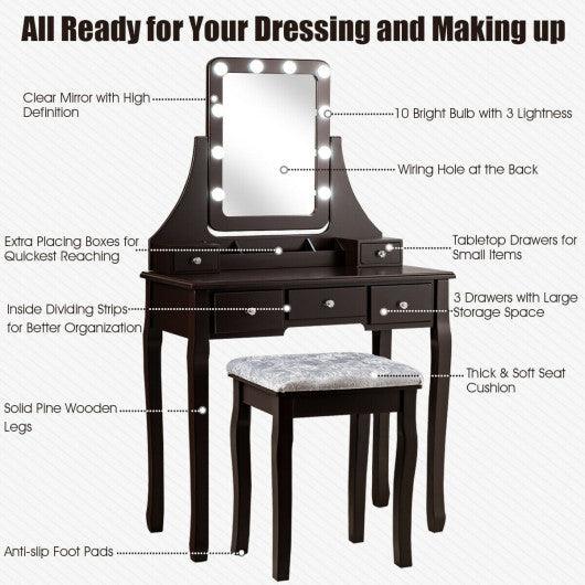 Vanity Dressing Table Set with 10 Dimmable Bulbs and Cushioned Stool-Brown at Set Shop and Smile