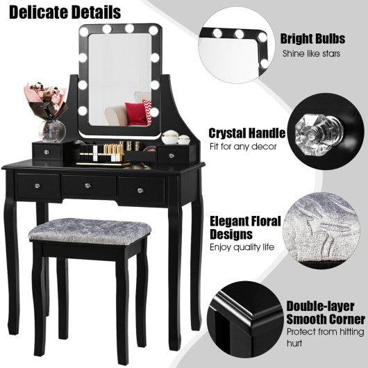 Vanity Dressing Table Set with 10 Dimmable Bulbs and Cushioned Stool-Black at Set Shop and Smile