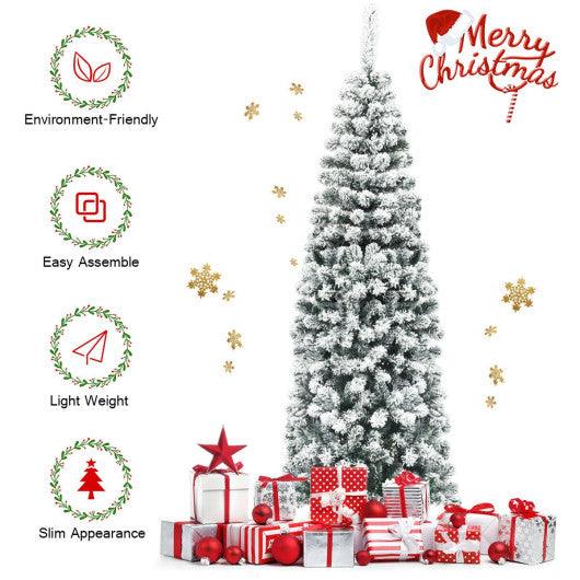 6 Feet Unlit Hinged Snow Flocked Artificial Pencil Christmas Tree with 500 Branch Tip at Set Shop and Smile