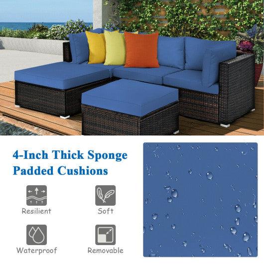 5 Pieces Patio Rattan Sofa Set with Cushion and Ottoman-Navy at Set Shop and Smile