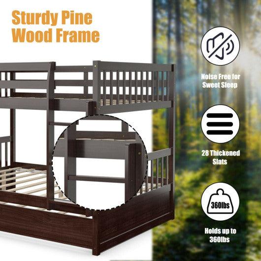 Full over Full Bunk Bed Platform Wood Bed with Ladder-Brown at Set Shop and Smile