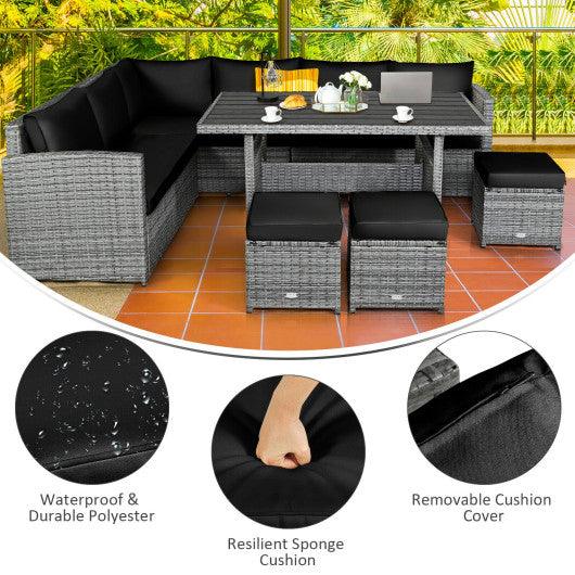 7 Pieces Patio Rattan Dining Furniture Sectional Sofa Set with Wicker Ottoman-Black at Set Shop and Smile