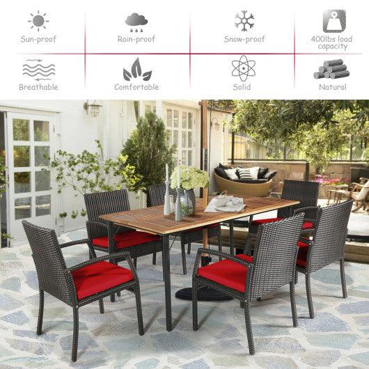 7Pcs Patio Rattan Cushioned Dining Set with Umbrella Hole-Red at Set Shop and Smile