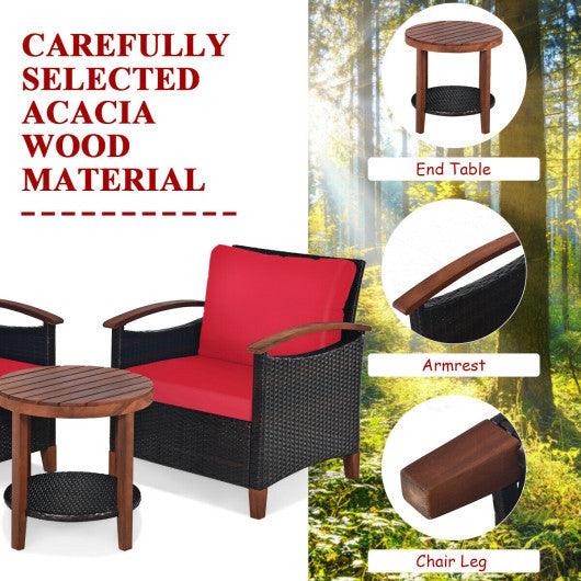 3 Pieces Patio Rattan Furniture Set with Washable Cushion and Acacia Wood Tabletop-Red at Set Shop and Smile