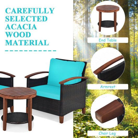3 Pieces Patio Rattan Furniture Set with Washable Cushion and Acacia Wood Tabletop-Turquoise at Set Shop and Smile