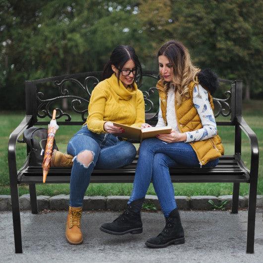 50 Inch Patio Park Steel Frame Cast Iron Backrest Bench Porch Chair at Set Shop and Smile