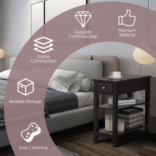 3-Tier Nightstand Bedside Table Sofa Side with Double Shelves Drawer-Coffee at Set Shop and Smile
