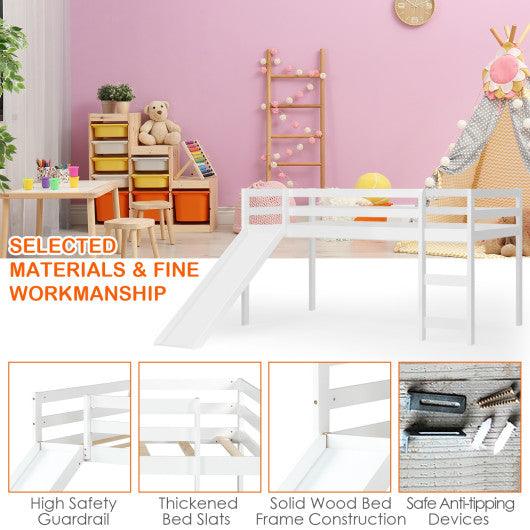 Twin Size Low Sturdy Loft Bed with Slide Wood-White at Set Shop and Smile