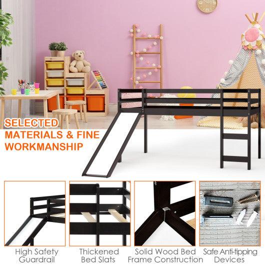 Twin Size Low Sturdy Loft Bed with Slide Wood-Dark Brown at Set Shop and Smile