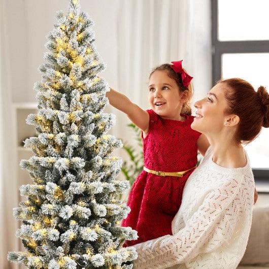 8 Feet Pre-Lit Hinged Snow Flocked Christmas Tree with Remote Control at Set Shop and Smile