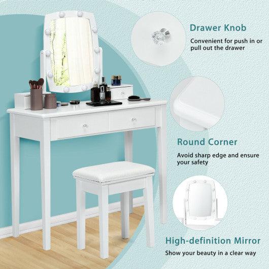 Vanity Table Set with Lighted Mirror for Bedroom and Dressing Room-White at Set Shop and Smile