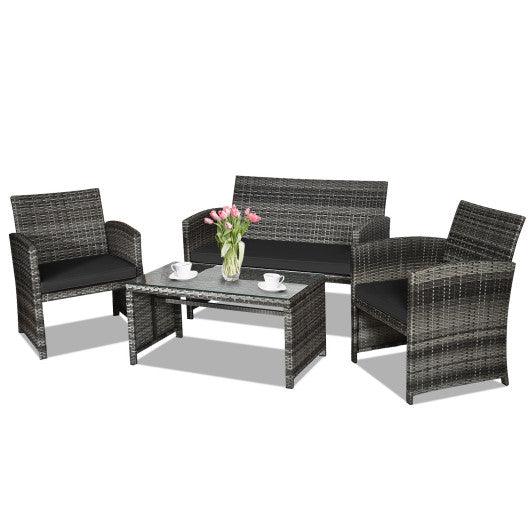 4 Pieces Patio Rattan Furniture Set with Glass Table and Loveseat-Black at Set Shop and Smile