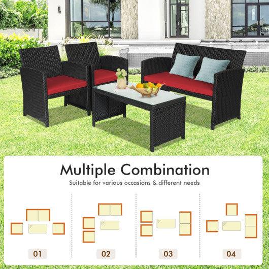 4 Pieces Rattan Patio Furniture Set with Weather Resistant Cushions and Tempered Glass Tabletop-Red at Set Shop and Smile