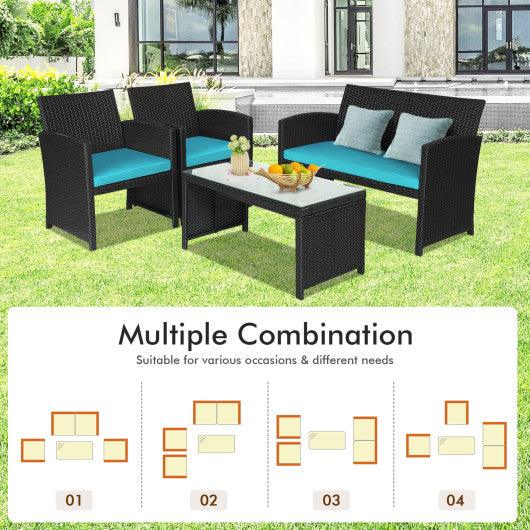 4 Pieces Rattan Patio Furniture Set with Weather Resistant Cushions and Tempered Glass Tabletop-Turquoise at Set Shop and Smile
