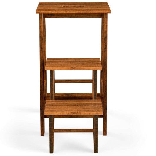 3-in-1 Rubber Wood 3 Tier Folding Step Stool Ladder Storage Shelf-Coffee at Set Shop and Smile