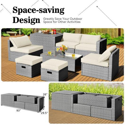 8 Pieces Patio Rattan Furniture Set with Storage Waterproof Cover and Cushion-Off White at Set Shop and Smile