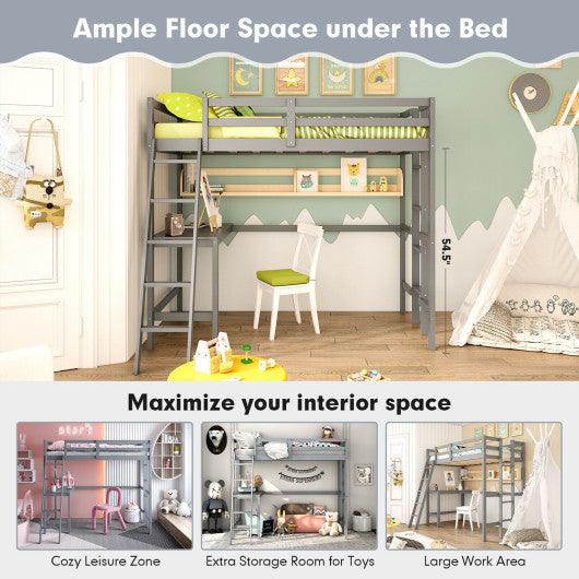 Twin Size Loft Bed Frame with Desk Angled and Built-in Ladder-Gray at Set Shop and Smile