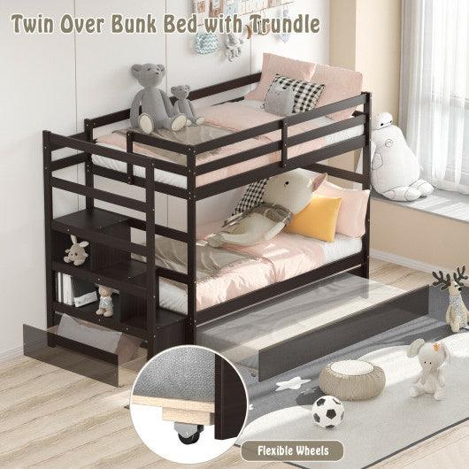 Twin Over Twin Bunk Bed with Storage Shelf and Drawer-Dark Brown at Set Shop and Smile