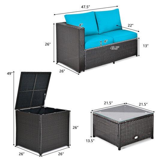 4 Pieces Outdoor Patio Rattan Furniture Set with Cushioned Loveseat and Storage Box-Turquoise at Set Shop and Smile
