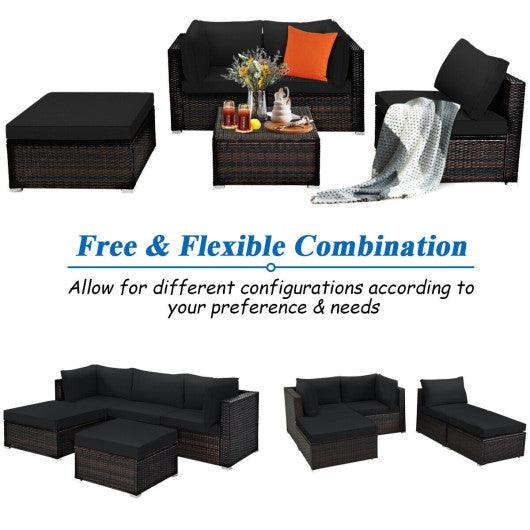 5 Pieces Patio Sectional Rattan Furniture Set with Ottoman Table-Black at Set Shop and Smile