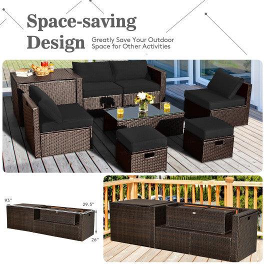 8 Pieces Patio Space-Saving Rattan Furniture Set with Storage Box and Waterproof Cover-Black at Set Shop and Smile