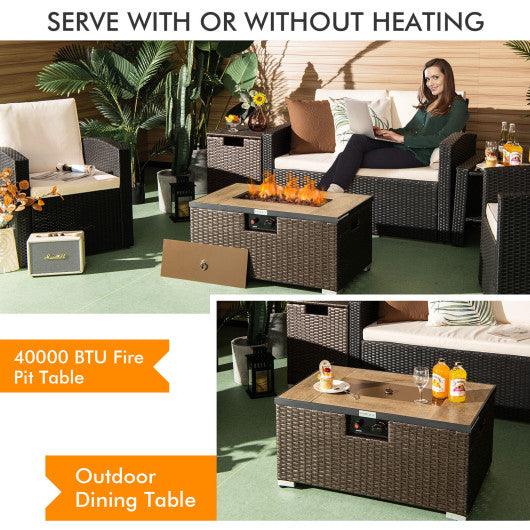 32 x 20 Inch Propane Rattan Fire Pit Table Set with Side Table Tank and Cover-Brown at Set Shop and Smile