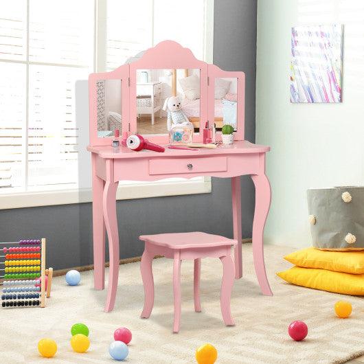 Kids Makeup Dressing Mirror Vanity Table Stool Set-Pink at Set Shop and Smile