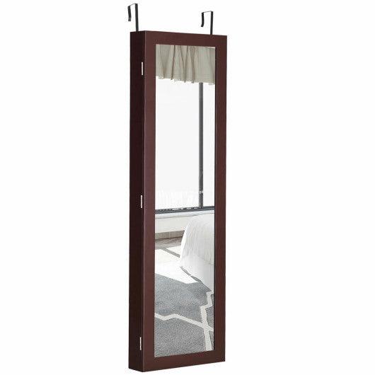 Full Length Mirror Jewelry Cabinet with Ring Slots and Necklace Hooks-Dark Brown at Set Shop and Smile