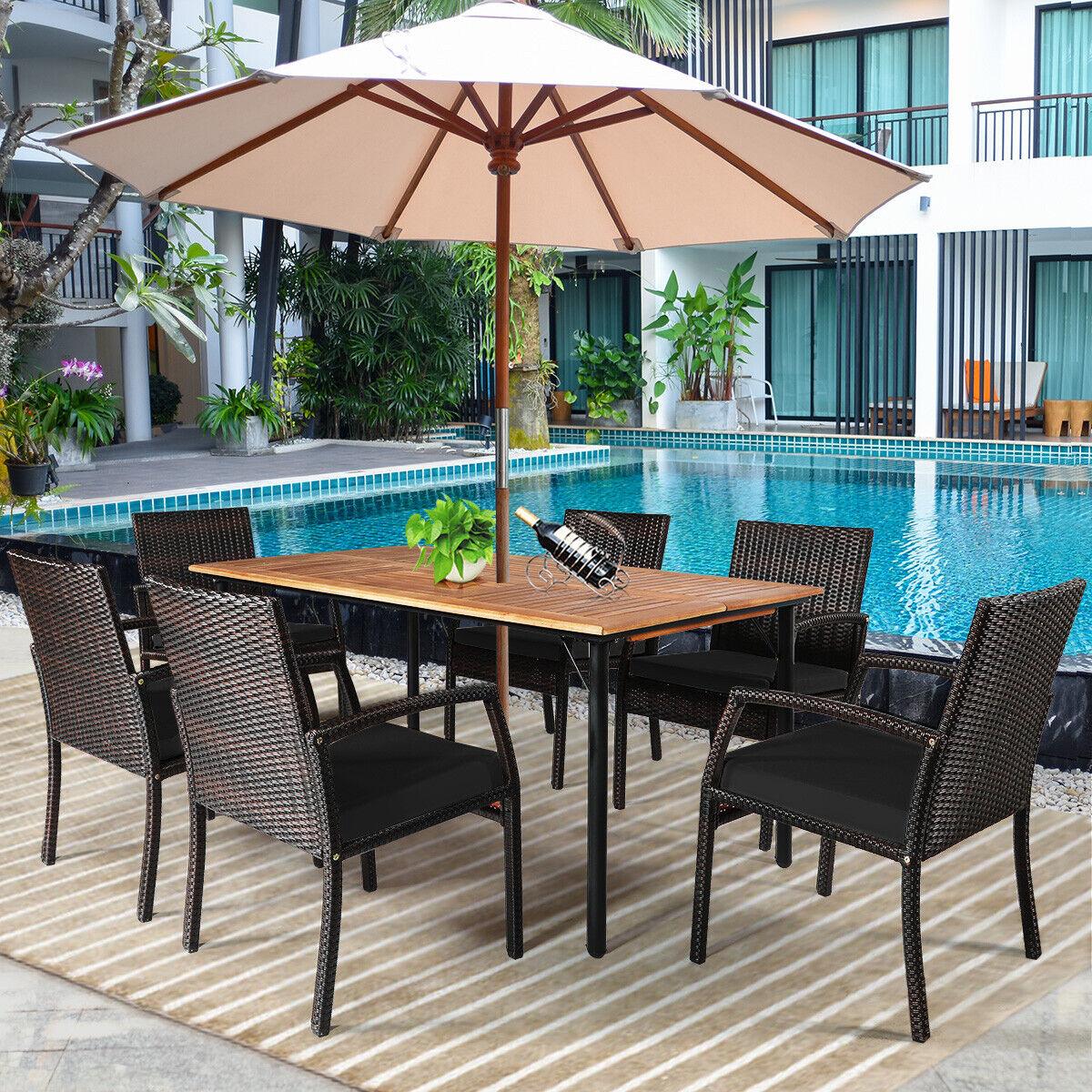 7 Pieces Patio Rattan Cushioned Dining Set with Umbrella Hole-Black at Set Shop and Smile