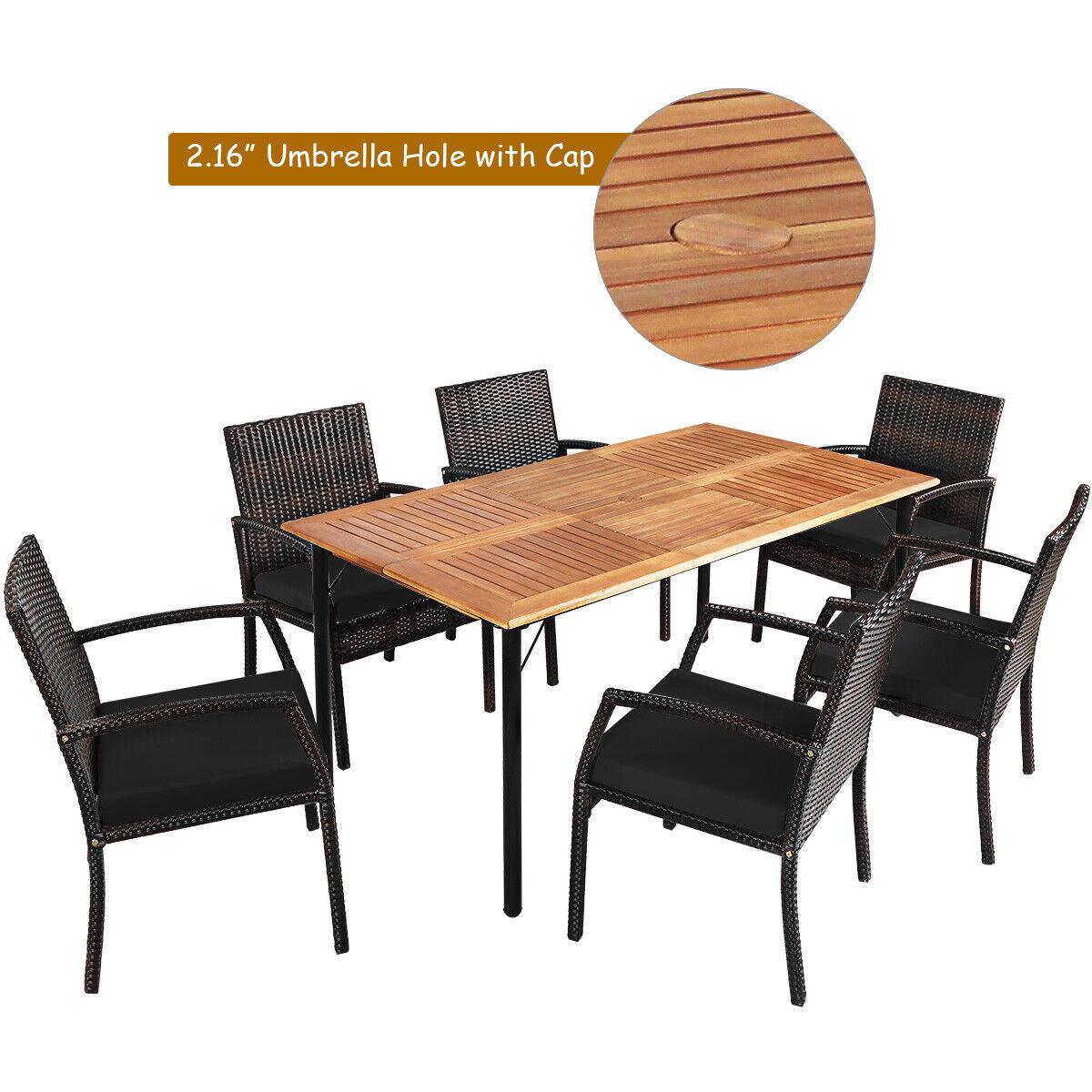 7 Pieces Patio Rattan Cushioned Dining Set with Umbrella Hole-Black at Set Shop and Smile