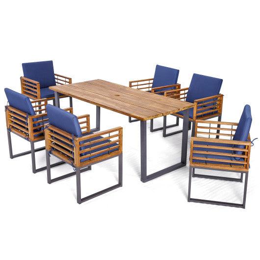 7 Pieces Patio Acacia Wood Dining Chair and Table Set for Backyard and Poolside-Navy at Set Shop and Smile