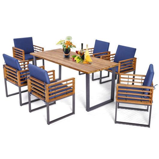 7 Pieces Patio Acacia Wood Dining Chair and Table Set for Backyard and Poolside-Navy at Set Shop and Smile