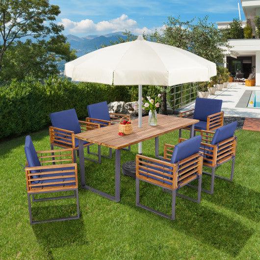 7 Pieces Patio Acacia Wood Dining Chair and Table Set for Backyard and Poolside-Navy at Set Shop and Smile