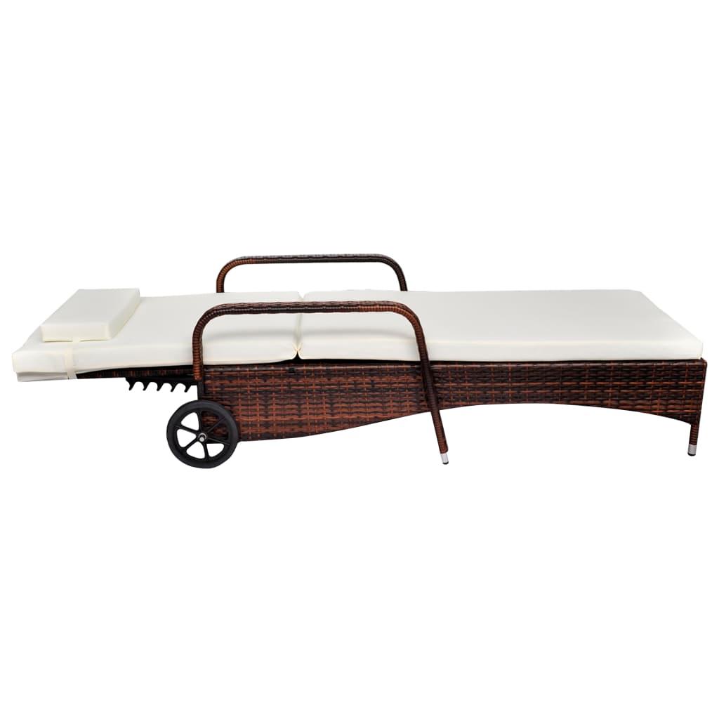 Sun Lounger with Cushion & Wheels Poly Rattan Brown at Set Shop and Smile