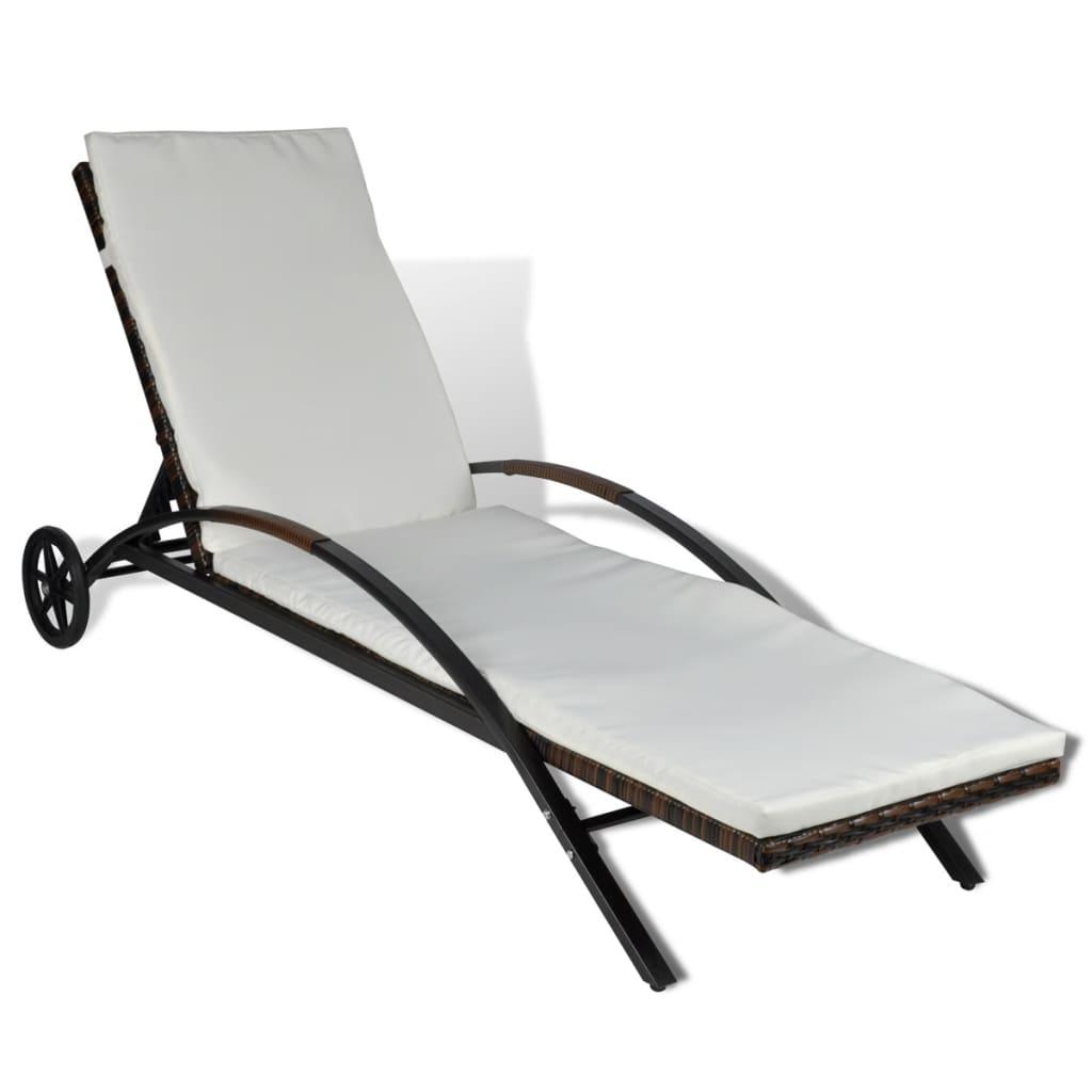 Sun Lounger with Cushion & Wheels Poly Rattan Brown at Set Shop and Smile