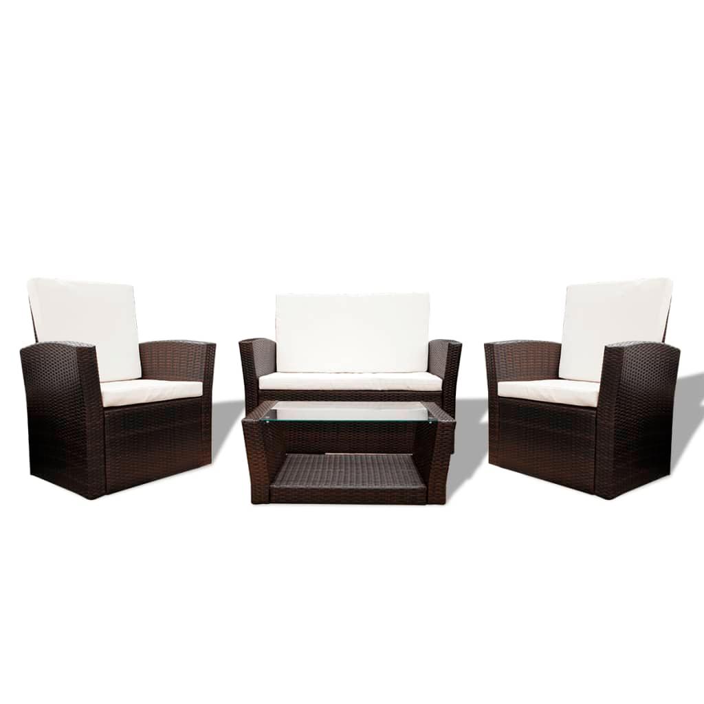 4 Piece Patio lounge set with Cushions Poly Rattan Brown at Set Shop and Smile