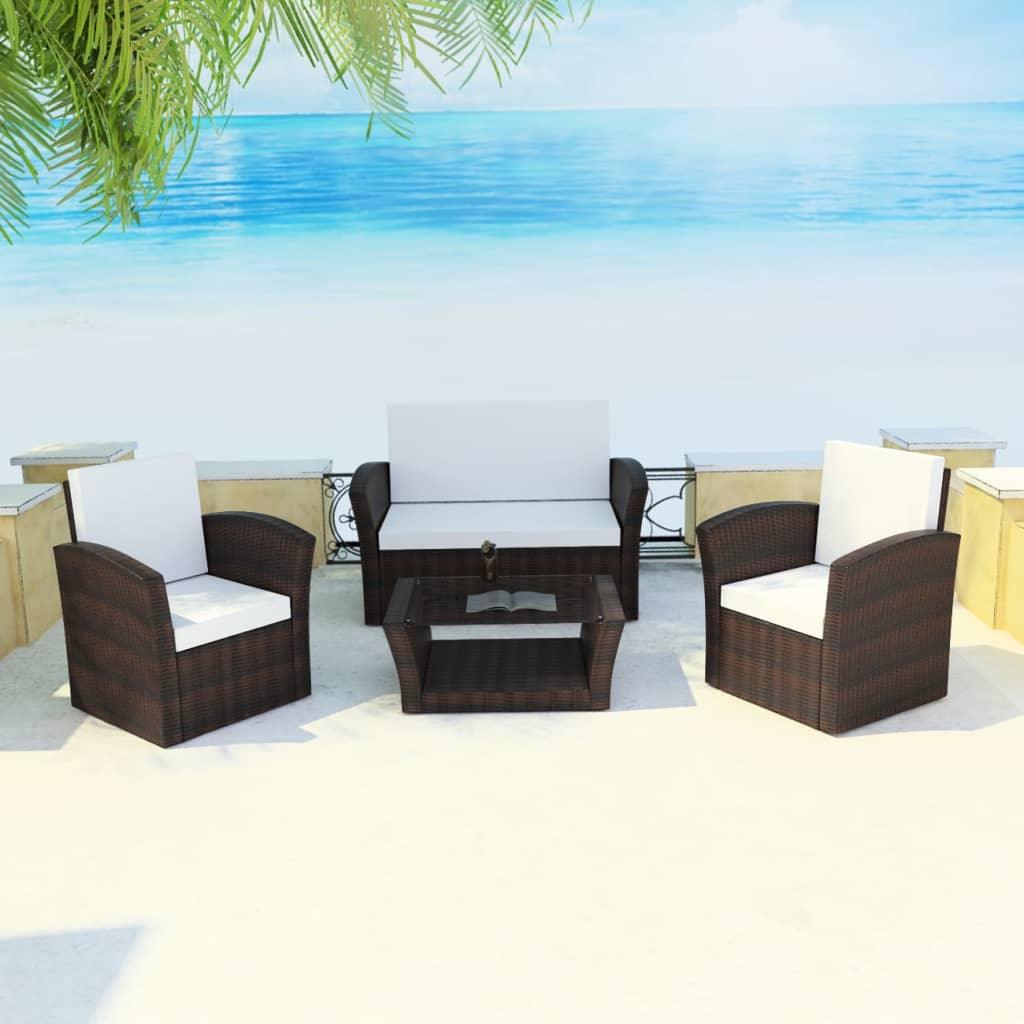 4 Piece Patio lounge set with Cushions Poly Rattan Brown at Set Shop and Smile