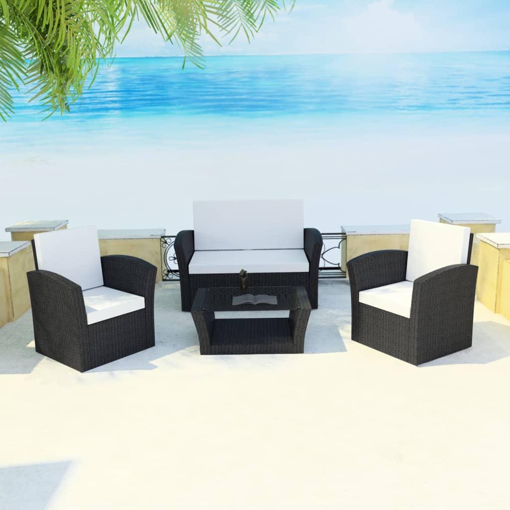 4 Piece Patio lounge set with Cushions Poly Rattan Black at Set Shop and Smile