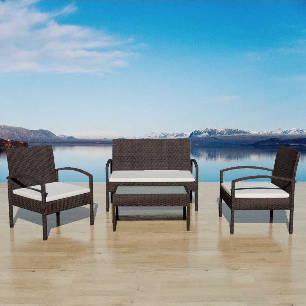 4 Piece Patio Lounge Set with Cushions Poly Rattan Brown at Set Shop and Smile