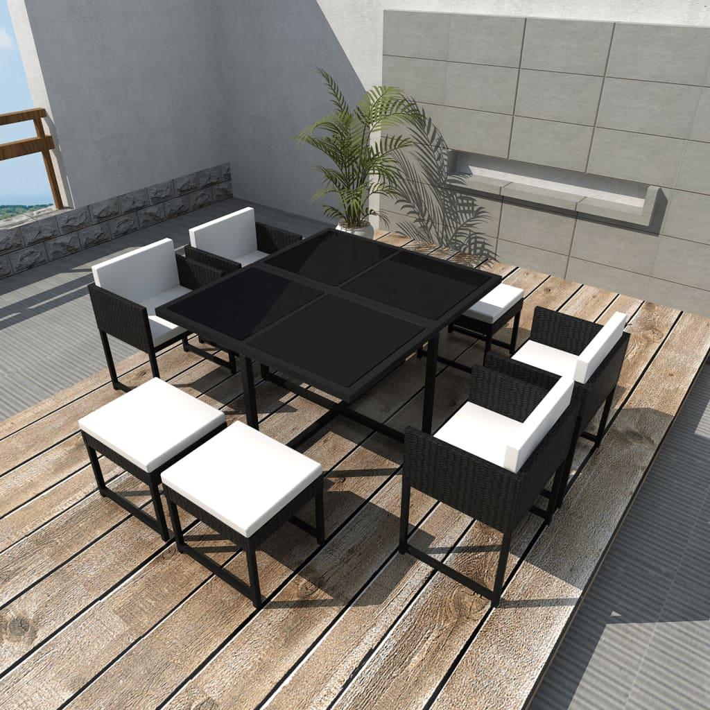 9 Piece Patio Dining Set with Cushions Poly Rattan Black at Set Shop and Smile