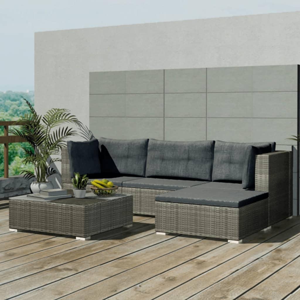 5 Piece Patio Lounge Set with Cushions Poly Rattan Gray at Set Shop and Smile