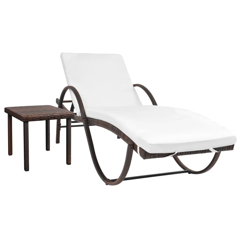 Sun Lounger with Cushion & Table Poly Rattan Brown at Set Shop and Smile