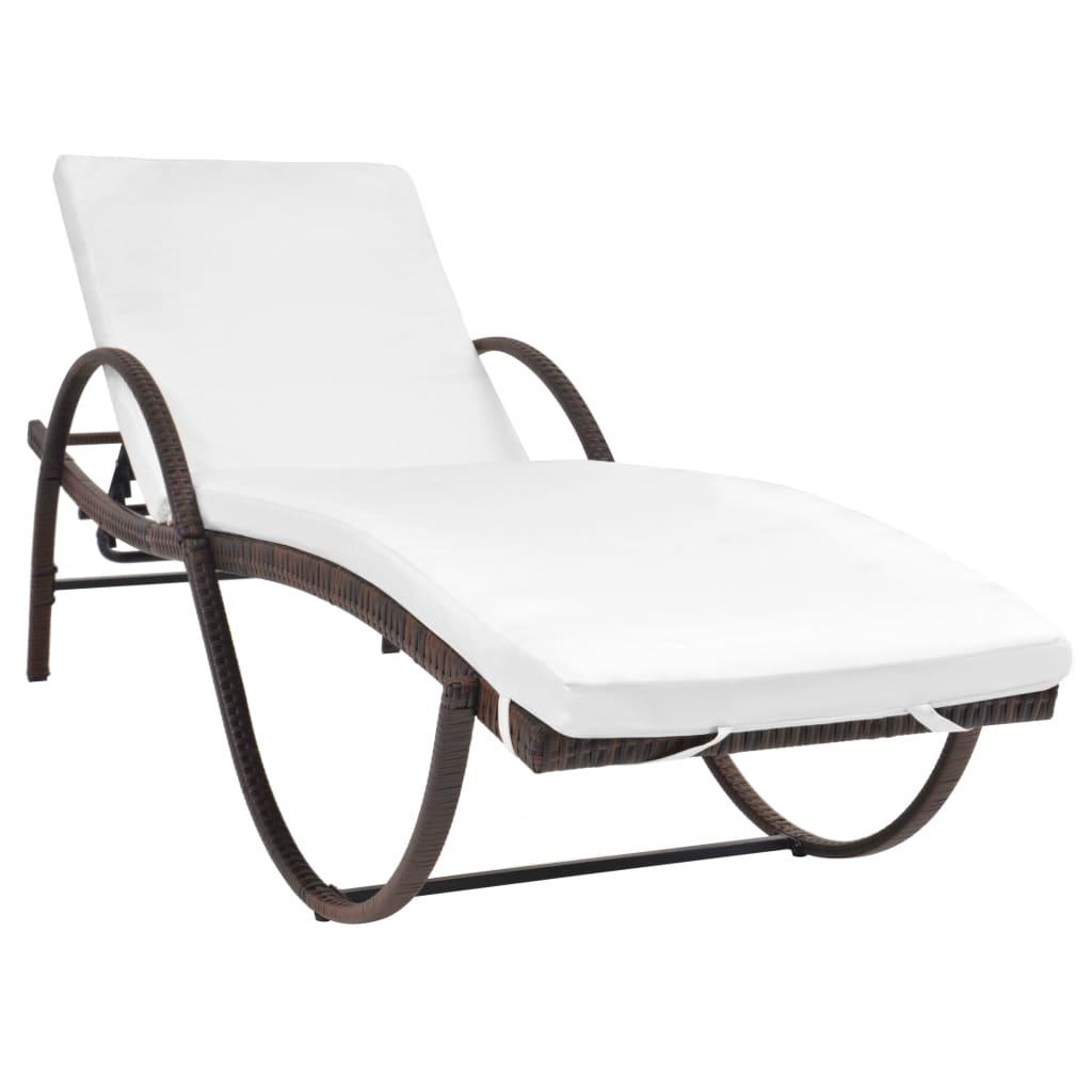 Sun Lounger with Cushion & Table Poly Rattan Brown at Set Shop and Smile