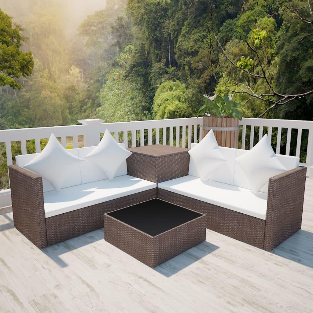 4 Piece Patio Lounge Set with Cushions Poly Rattan Brown at Set Shop and Smile