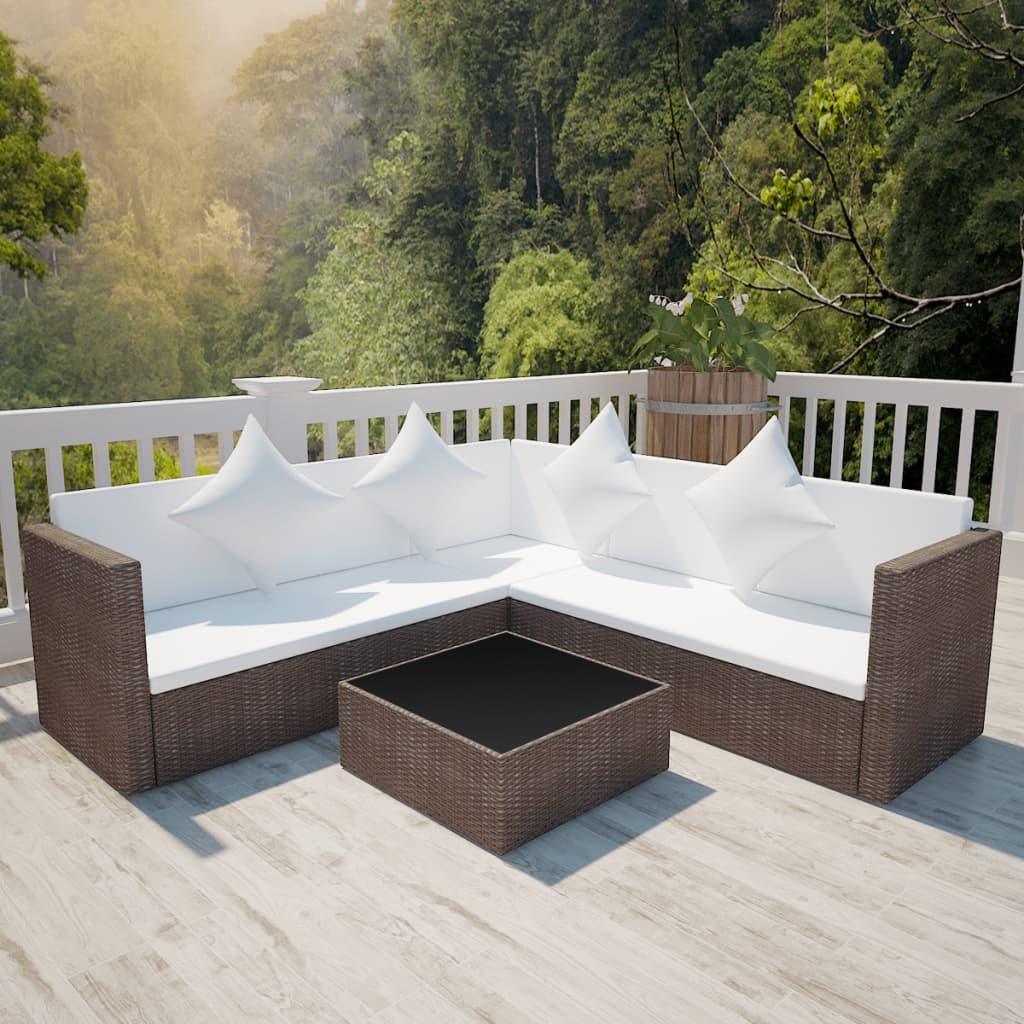 4 Piece Patio Lounge Set with Cushions Poly Rattan Brown at Set Shop and Smile