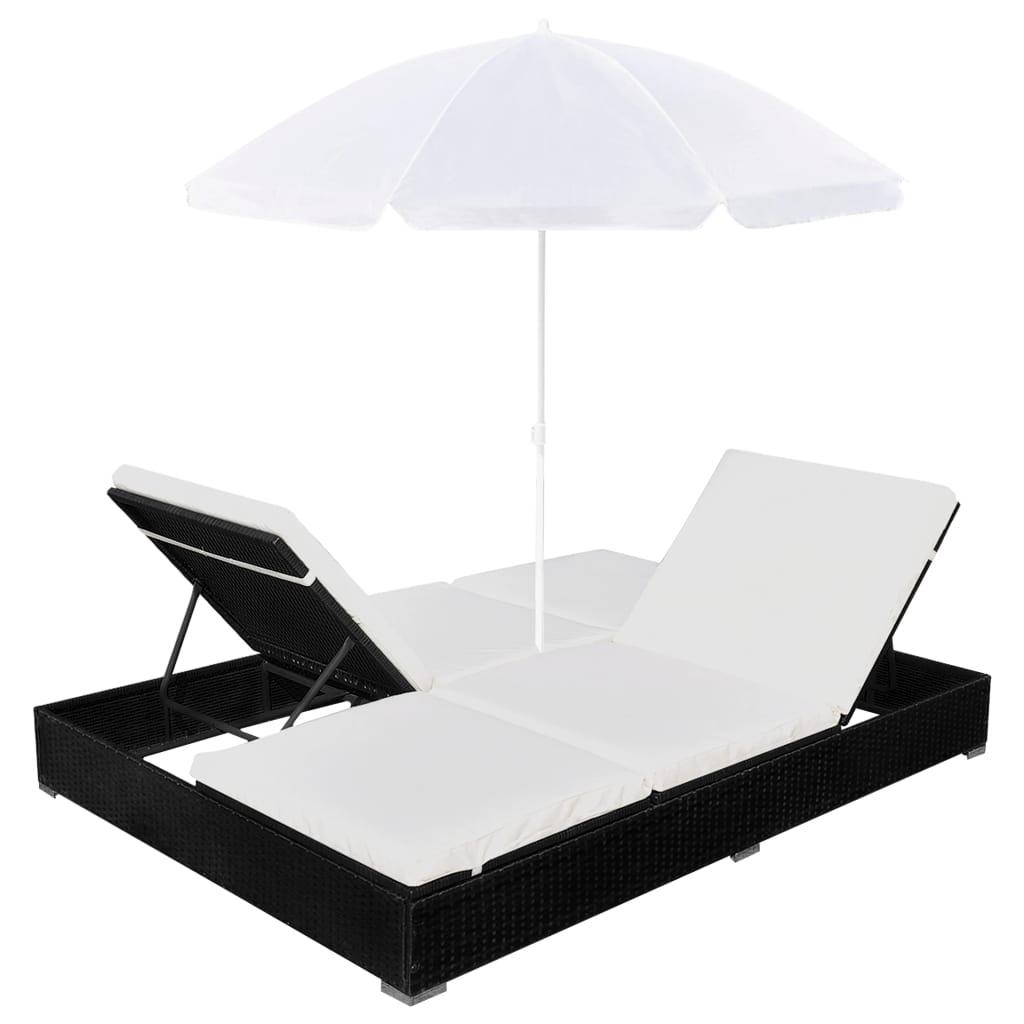 Patio Lounge Bed with Umbrella Poly Rattan Black at Set Shop and Smile
