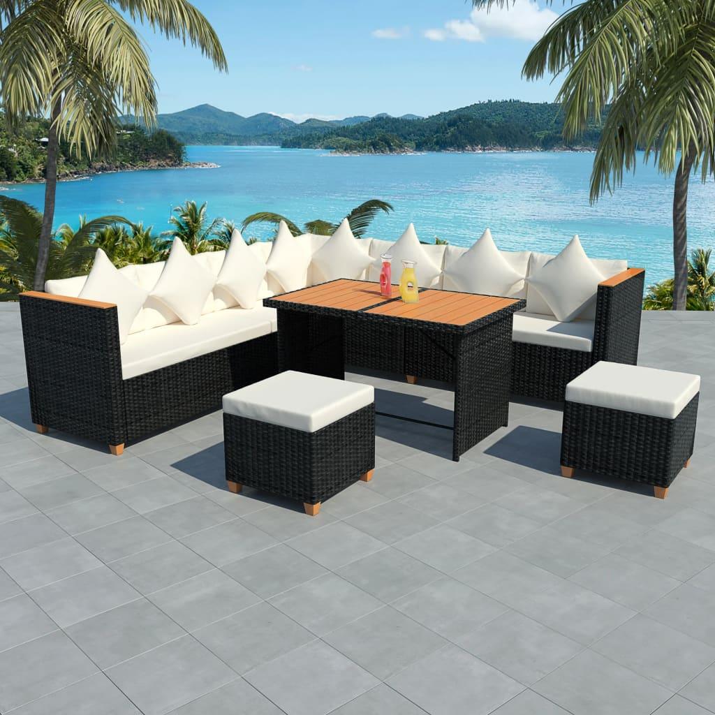 7 Piece Patio Lounge Set with Cushions Poly Rattan Black at Set Shop and Smile