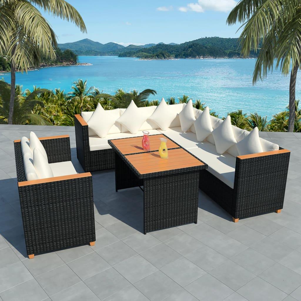 5 Piece Patio Lounge Set with Cushions Poly Rattan Black at Set Shop and Smile